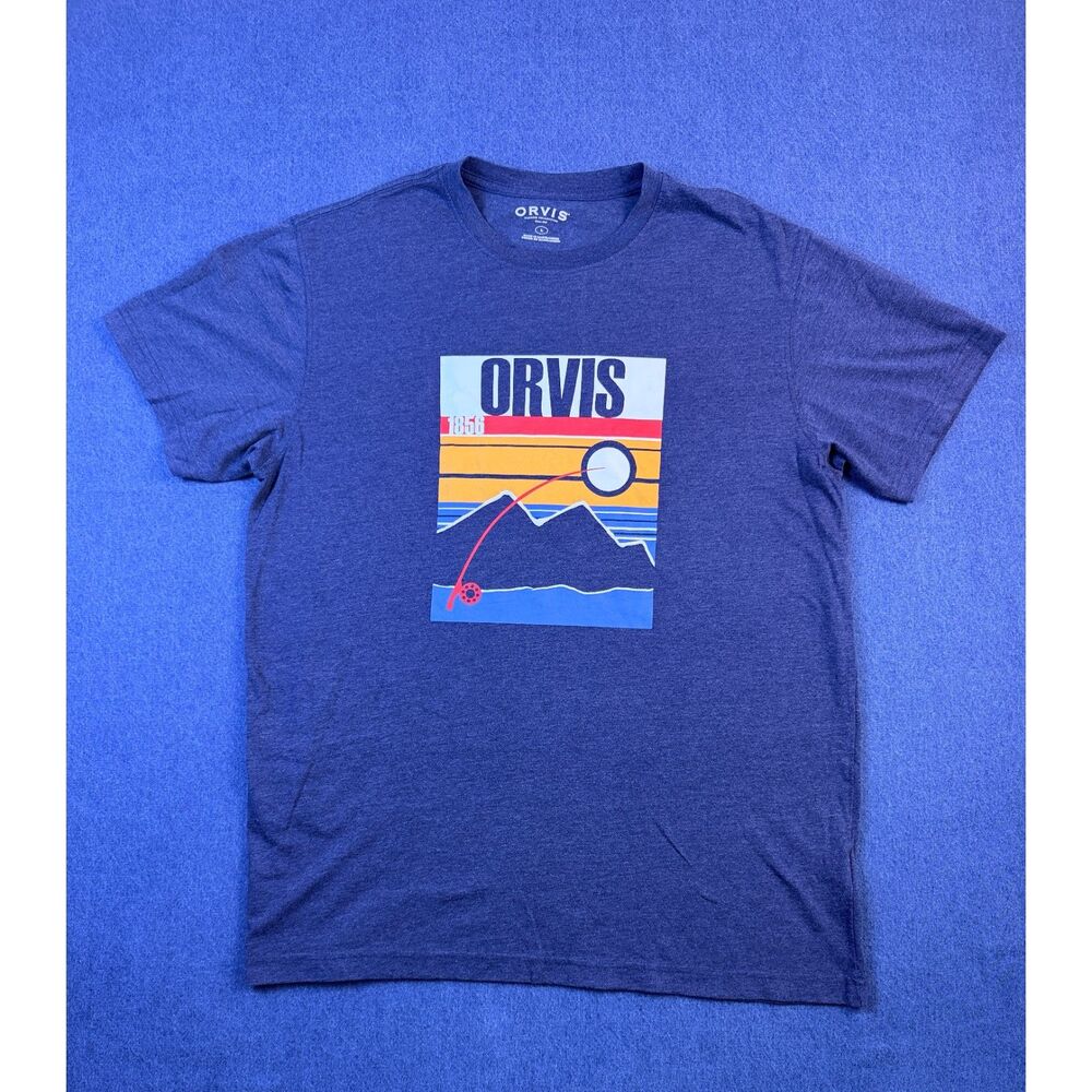 Orvis Men’s L Blue Fly Fishing Graphic T-Shirt Mountains Outdoors 1856